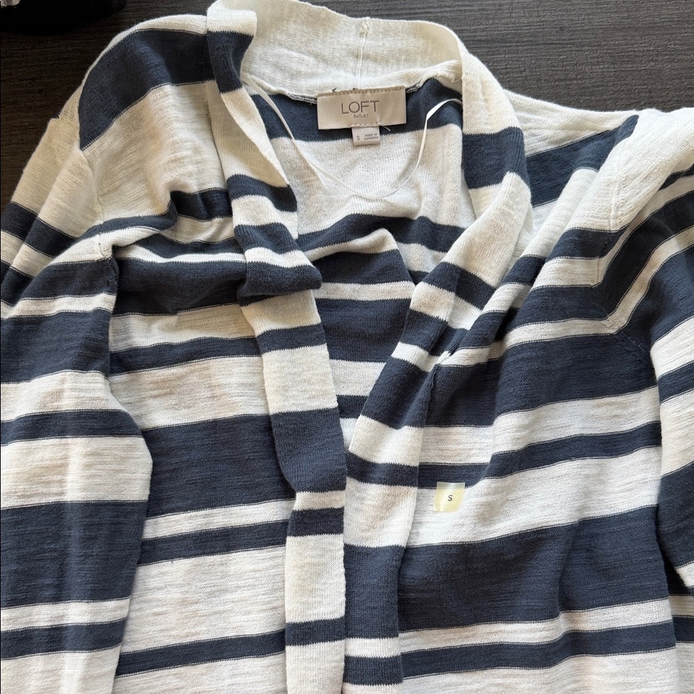 LOFT Navy and Cream Striped Open Cardigan